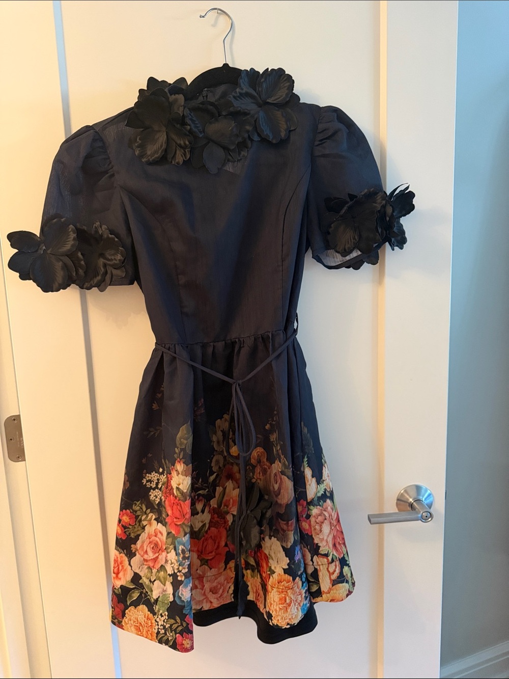 Black Floral flowy Fit-and-Flare Dress with Flower Details